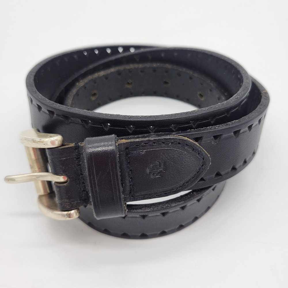 Lauren Ralph Lauren Black Leather Perforated Belt Silver Buckle 9103015-001 L